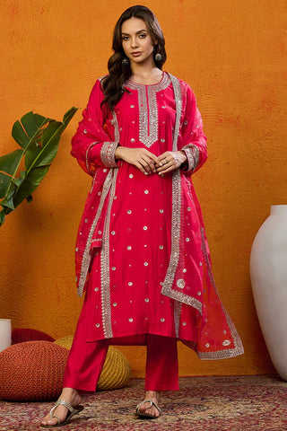 Pink Silk Blend Embroidered Straight Shape Suit Set with Dupatta