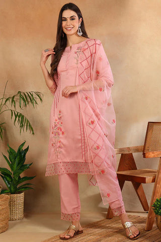 Pink Silk Blend Embroidered Straight Shape Suit Set with Organza Dupatta