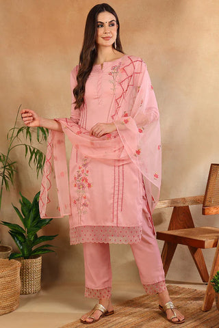 Pink Silk Blend Embroidered Straight Shape Suit Set with Organza Dupatta