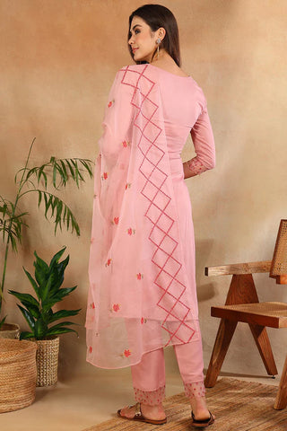 Pink Silk Blend Embroidered Straight Shape Suit Set with Organza Dupatta