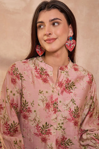Pink Silk Blend Regular Style Floral Print Kurta
