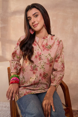 Pink Silk Blend Regular Style Floral Print Kurta