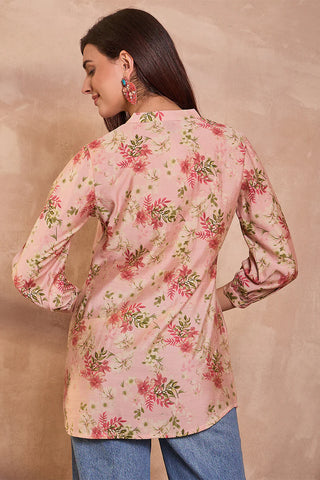 Pink Silk Blend Regular Style Floral Print Kurta