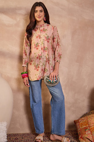 Pink Silk Blend Regular Style Floral Print Kurta