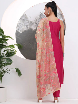 Solid Pink Silk Blend Straight Shape Suit Set with Printed Dupatta