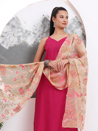 Solid Pink Silk Blend Straight Shape Suit Set with Printed Dupatta