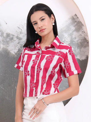 Pink Cotton Floral Print Horizontal Print Style Shirt