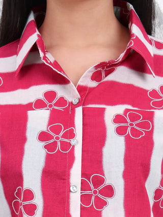 Pink Cotton Floral Print Horizontal Print Style Shirt