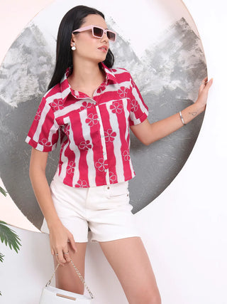 Pink Cotton Floral Print Horizontal Print Style Shirt