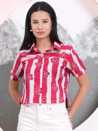 Pink Cotton Floral Print Horizontal Print Style Shirt