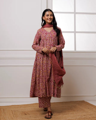 Pink Hand Block Printed Suit Set With Dupatta