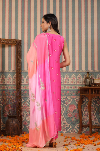 Pink Muslin Suit Set With Silk Dupatta