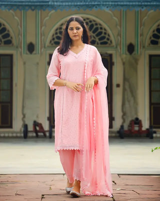 Pink Cotton Lace Detailing Suit Set with Organza Dupatta