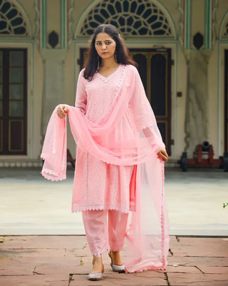 Pink Cotton Lace Detailing Suit Set with Organza Dupatta