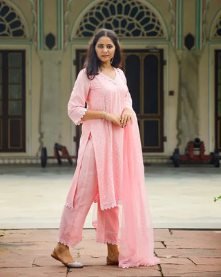 Pink Cotton Lace Detailing Suit Set with Organza Dupatta