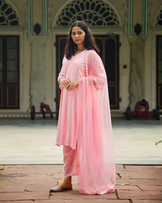Pink Cotton Lace Detailing Suit Set with Organza Dupatta