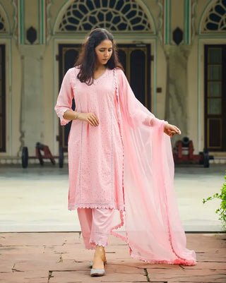 Pink Cotton Lace Detailing Suit Set with Organza Dupatta