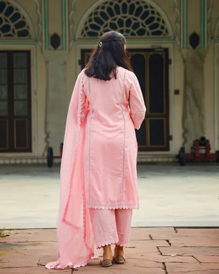 Pink Cotton Lace Detailing Suit Set with Organza Dupatta