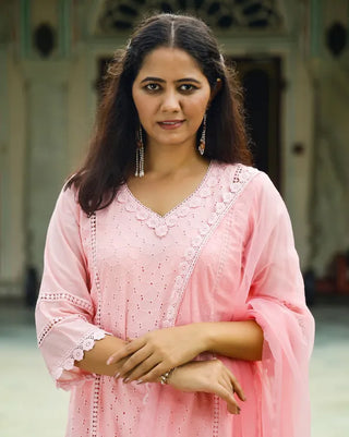 Pink Cotton Lace Detailing Suit Set with Organza Dupatta