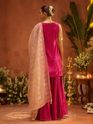Pink Velvet Embroidered Suit Set with Dupatta