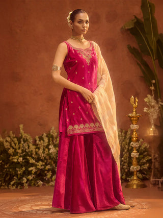 Pink Velvet Embroidered Suit Set with Dupatta