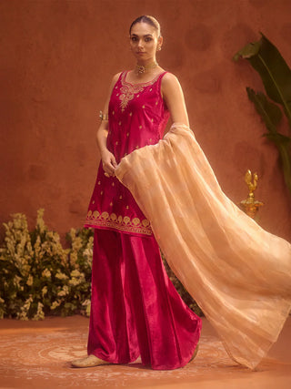 Pink Velvet Embroidered Suit Set with Dupatta