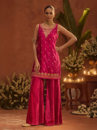 Pink Velvet Embroidered Suit Set with Dupatta
