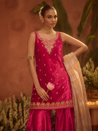 Pink Velvet Embroidered Suit Set with Dupatta