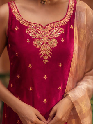 Pink Velvet Embroidered Suit Set with Dupatta