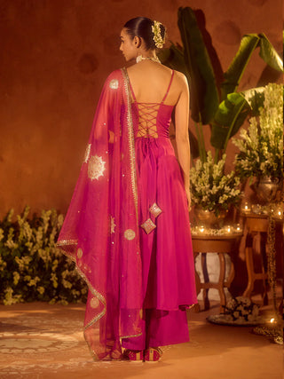 Pink Viscose Chanderi Embroidered & Gota Patti Work Ethnic A-Line Kurta Set with Dupatta