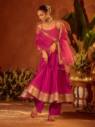 Pink Viscose Chanderi Embroidered & Gota Patti Work Ethnic A-Line Kurta Set with Dupatta