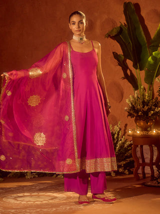 Pink Viscose Chanderi Embroidered & Gota Patti Work Ethnic A-Line Kurta Set with Dupatta