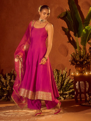 Pink Viscose Chanderi Embroidered & Gota Patti Work Ethnic A-Line Kurta Set with Dupatta