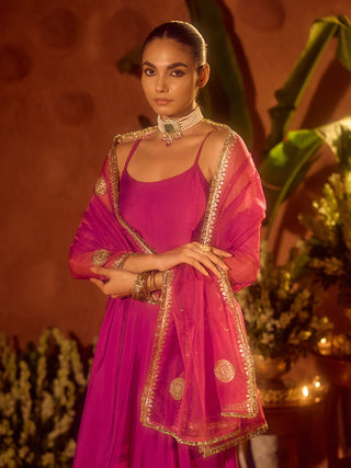 Pink Viscose Chanderi Embroidered & Gota Patti Work Ethnic A-Line Kurta Set with Dupatta