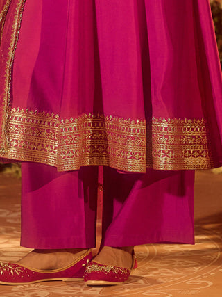 Pink Viscose Chanderi Embroidered & Gota Patti Work Ethnic A-Line Kurta Set with Dupatta
