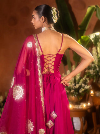 Pink Viscose Chanderi Embroidered & Gota Patti Work Ethnic A-Line Kurta Set with Dupatta