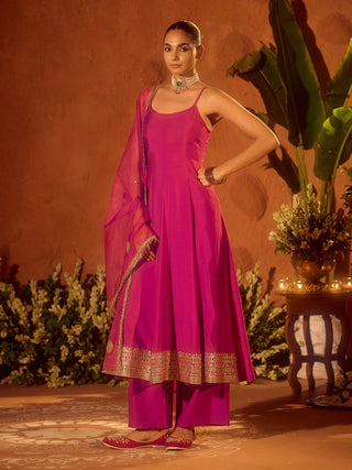 Pink Viscose Chanderi Embroidered & Gota Patti Work Ethnic A-Line Kurta Set with Dupatta