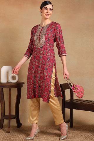 Pink Viscose Rayon Ethnic Motif Printed Straight Cut Kurta