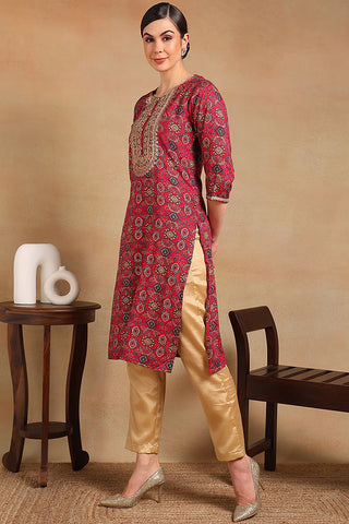 Pink Viscose Rayon Ethnic Motif Printed Straight Cut Kurta