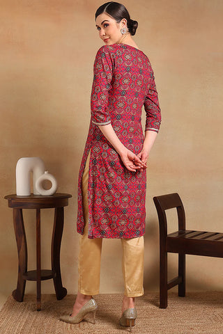 Pink Viscose Rayon Ethnic Motif Printed Straight Cut Kurta