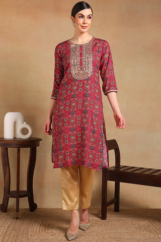 Pink Viscose Rayon Ethnic Motif Printed Straight Cut Kurta