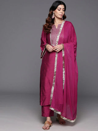 Pink Silk Blend Zari Embroidered Straight Shape Suit Set with Dupatta