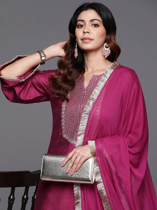 Pink Silk Blend Zari Embroidered Straight Shape Suit Set with Dupatta