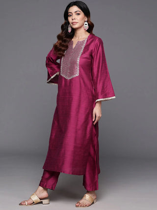 Pink Silk Blend Zari Embroidered Straight Shape Suit Set with Dupatta