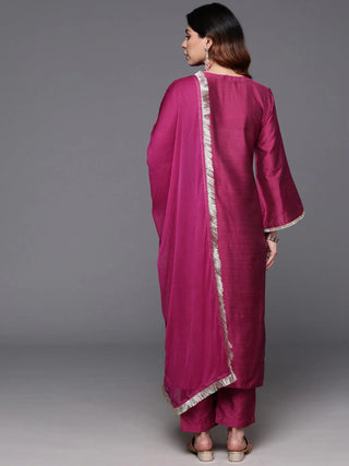 Pink Silk Blend Zari Embroidered Straight Shape Suit Set with Dupatta