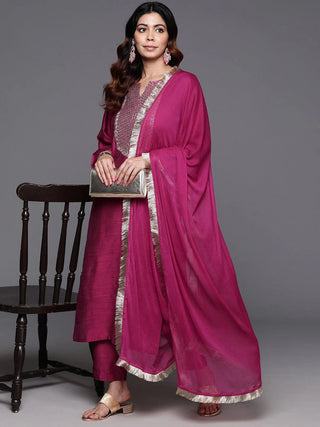 Pink Silk Blend Zari Embroidered Straight Shape Suit Set with Dupatta