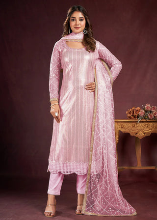 Pink Embroidered Butterfly Net Salwar Suit Set