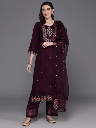 Burgundy Poly Silk Embroidered Suit Set with Organza Dupatta