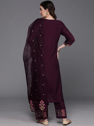 Burgundy Poly Silk Embroidered Suit Set with Organza Dupatta