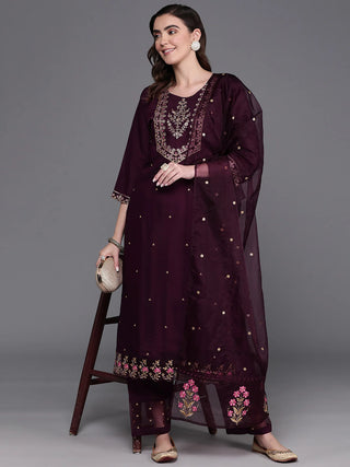 Burgundy Poly Silk Embroidered Suit Set with Organza Dupatta